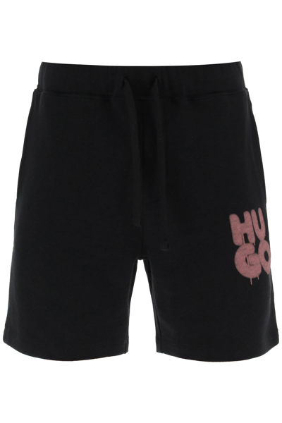 Hugo Men's Cotton-terry Shorts With Graffiti-style Stacked Logo In Black