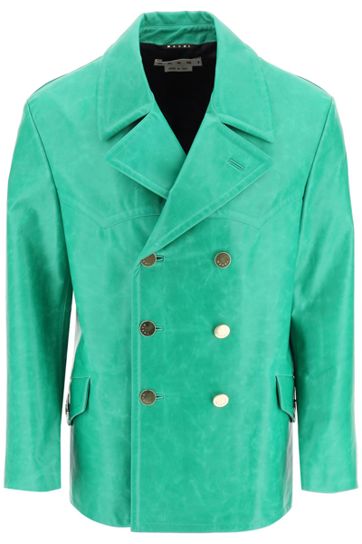 Marni Double-breasted Leather Jacket In Green