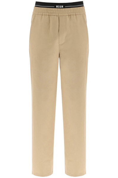 Msgm Cotton Pants With Logo Band In Beige