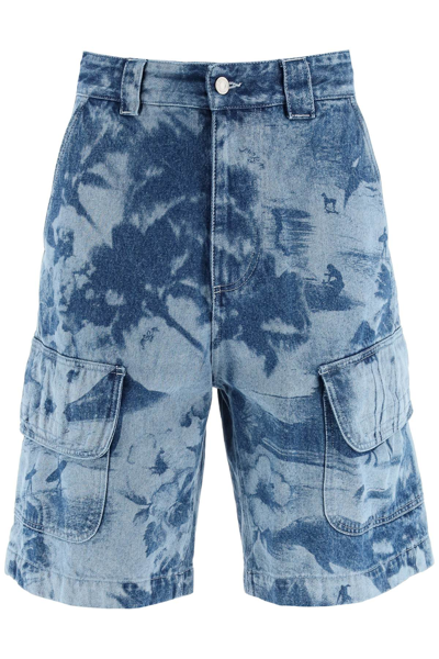 Msgm Tie-dye Denim Cargo Shorts In Blue