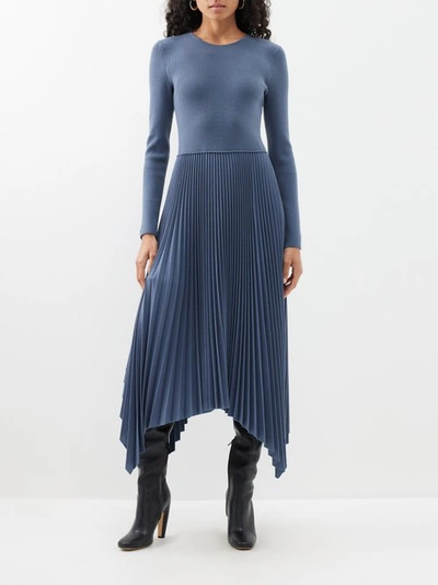 Joseph Deron Pleated Asymmetric Wool Dress In Cloudy Blue