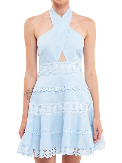 Endless Rose Women's Halter Neck Lace Trim Dress In Powder Blue