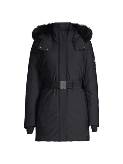 Moose Knuckles Alpharetta Belted Parka Jacket With Shearling Ruff In Black