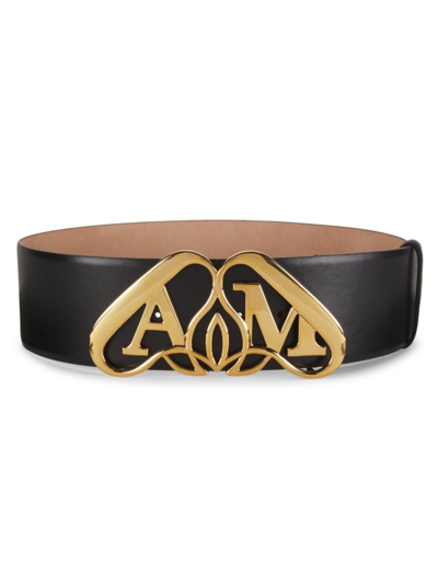 Alexander Mcqueen Women's Seal Buckle Leather Belt In Black Gold