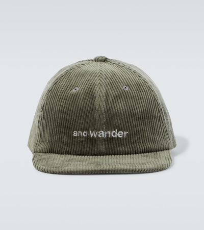 And Wander Embroidered Cotton Corduroy Cap In Green