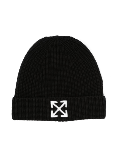 Off-white Kids' Embroidered-arrow Ribbed-knit Beanie In Black