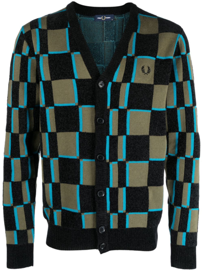 Fred Perry Glitch Chequerboard Cardigan In Green