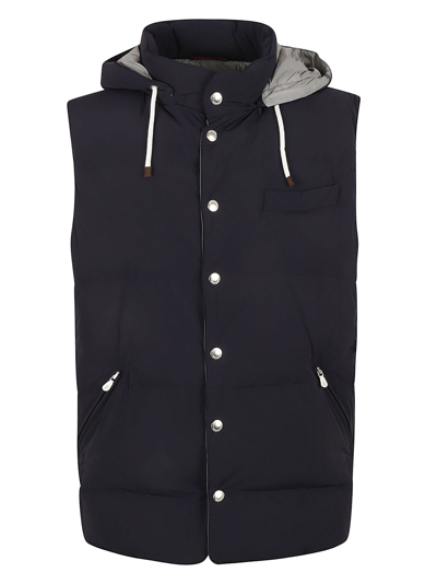 Brunello Cucinelli Padded Hooded Down Gilet In Navy/grey