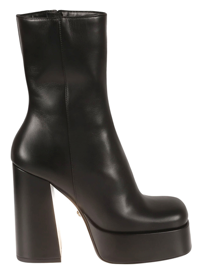 Versace Block Heel Platform Boots In Black/gold