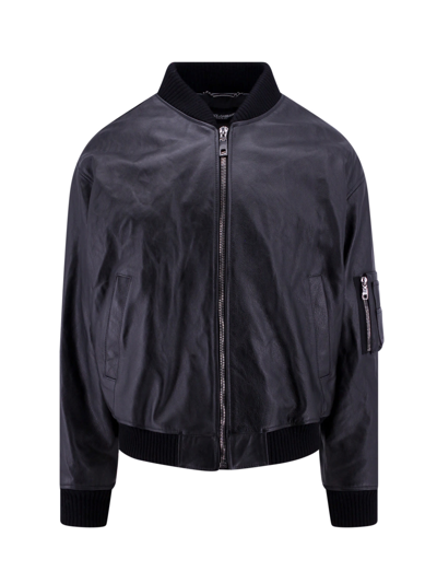 Dolce & Gabbana Leather Zip-up Bomber Jacket In Black