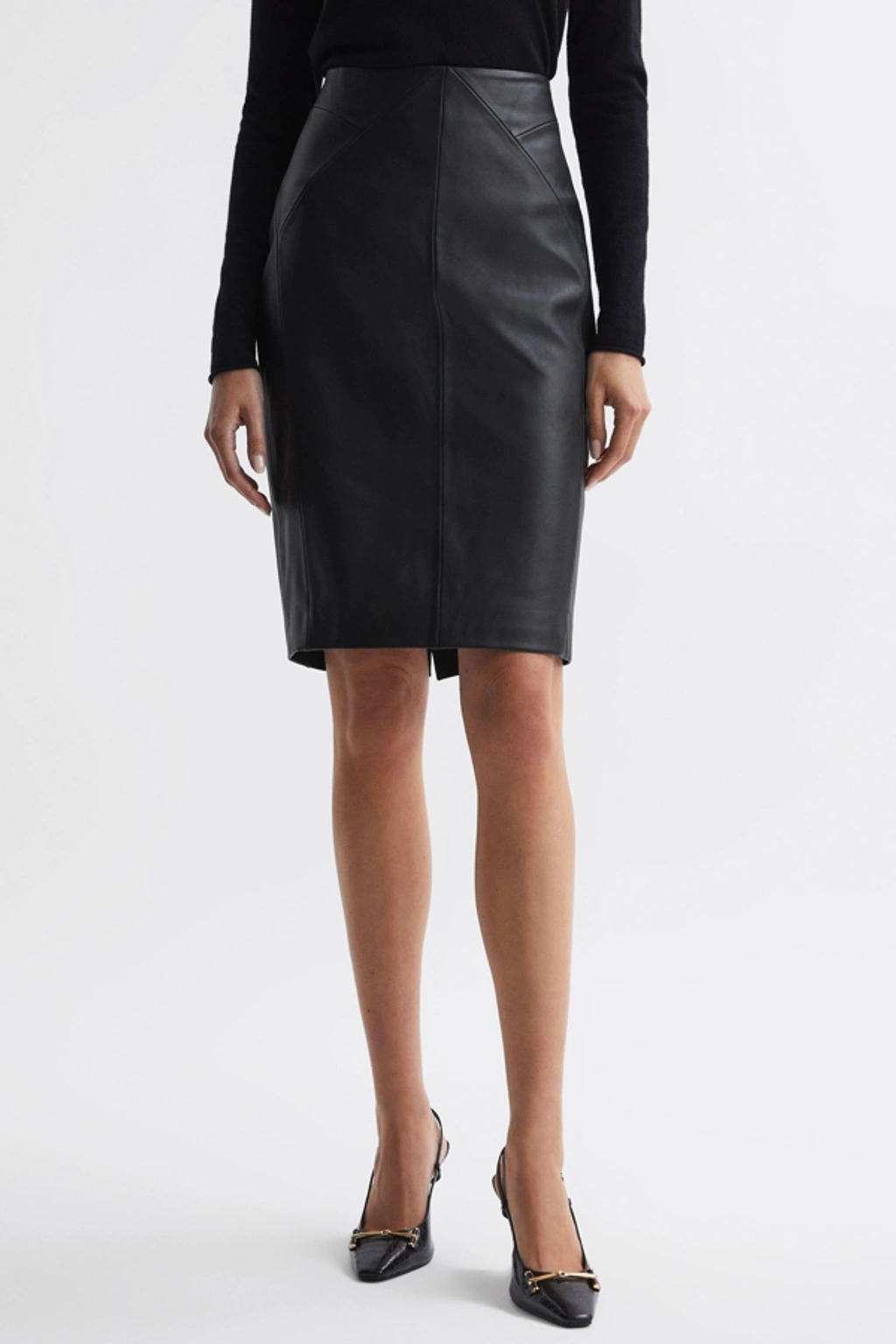 Reiss Black Leather High Rise Midi Skirt | ModeSens