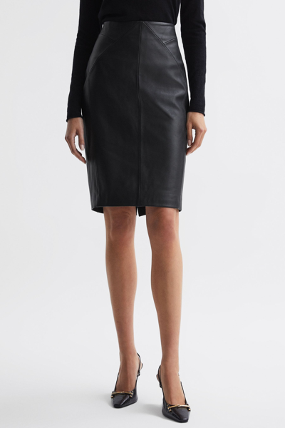 Reiss Raya - Black Leather High Rise Midi Skirt, Us 4