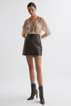 Reiss Chocolate Leather High Rise Mini Skirt