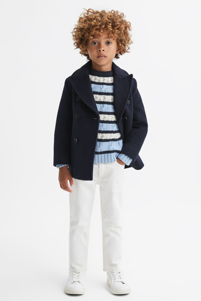 Reiss Littleton - Ecru/blue Junior Cable Knitted Striped Jumper, Age 4-5 Years