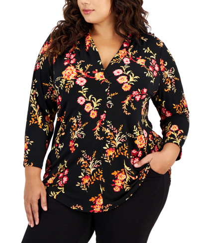 Jm Collection Plus Size Floral-print V-neck 3/4-sleeve Top, Created For Macy's In Deep Black Combo