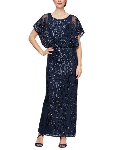 Alex Evenings Women's Sequined Blouson-bodice Gown In Navy