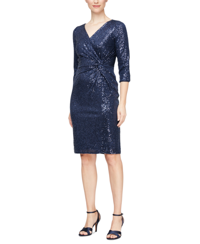 Alex Evenings Petite Sequined Side-twist 3/4-sleeve Dress In Navy