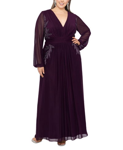 Betsy & Adam Plus Size Beaded Applique V-neck Gown In Plum
