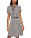 KARL LAGERFELD WOMEN'S HOUNDSTOOTH PUFF-SLEEVE BOW-NECK DRESS