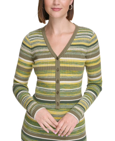 Calvin Klein Jeans Est.1978 Women's Spacedye Stripe V-neck Cardigan In Dusky Green Combo