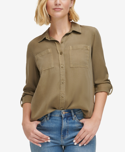 Calvin Klein Jeans Est.1978 Petite Roll Tab Sleeve Button-front Top In Dusky Green