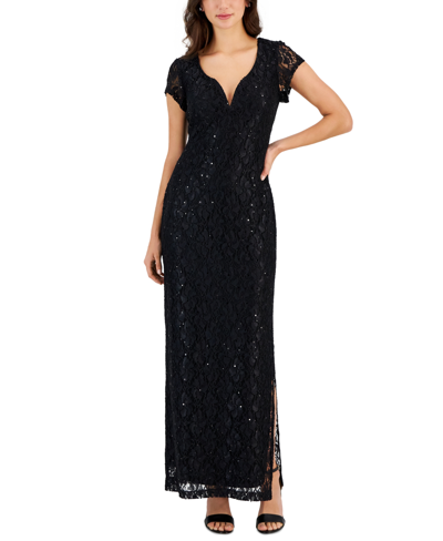 Connected Women's Sequined-lace Maxi Dress In Black
