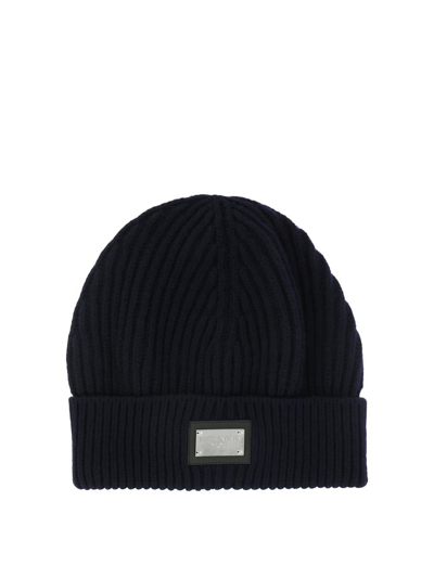 Dolce & Gabbana Beanie With Logo Plaque In Blue