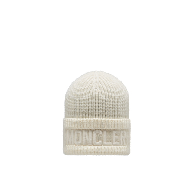 Moncler Collection Embroidered Logo Wool Beanie White In Blanc