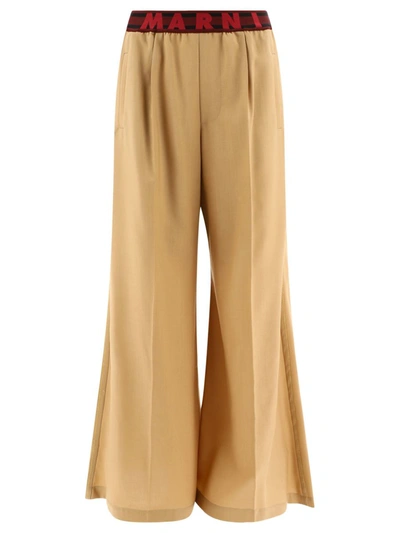 Marni Wool Twill Logo Flared Pants In Beige