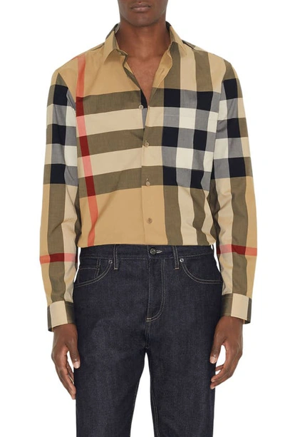 Burberry Oversized Check Cotton Shirt In Beige
