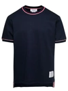 THOM BROWNE BLUE CREWNECK T-SHIRT WITH STRIPED TRIM IN COTTON MAN