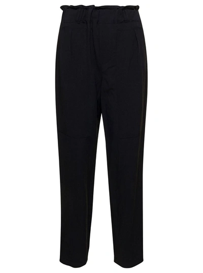 Plain Black Cargo Pants With Gathered Waist In Linen Blend Woman