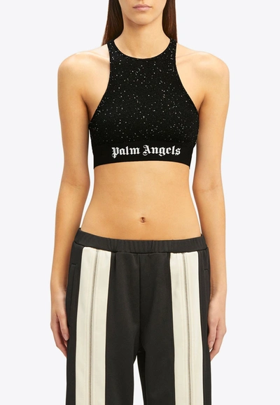 Palm Angels Beaded Knit Logo Cropped Top In Black