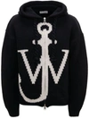 Jw Anderson Logo Wool Knit Zip-up Hoodie In Black