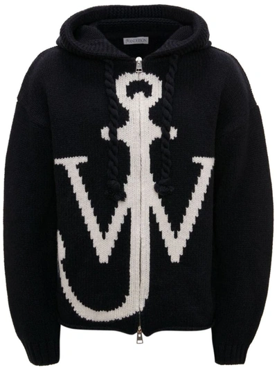 Jw Anderson Logo Wool Knit Zip-up Hoodie In Nero