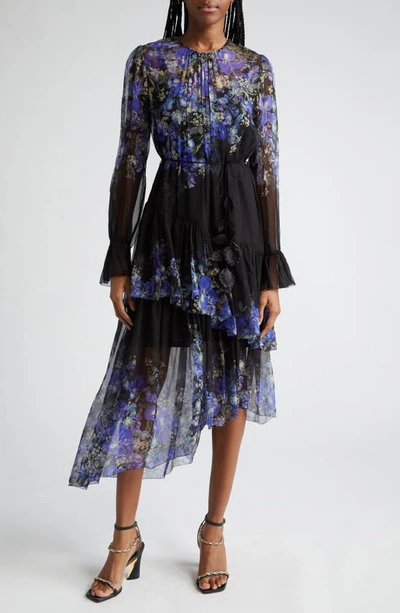 Zimmermann Lyrical Iris Print Tiered Ruffle Long Sleeve Silk Georgette Midi Dress In Blue Iris Black