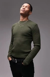 Topman Knit Ribbed Crewneck Sweater In Khaki-green In Khaki