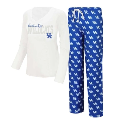 Concepts Sport Women's  White, Royal Kentucky Wildcats Long Sleeve V-neck T-shirt And Gauge Pants Sle In White,royal