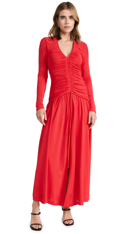 Farm Rio Ruched Long Sleeve Jersey Maxi Dress In Red