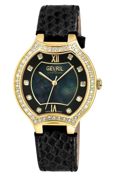 Gevril Women's Lugano Swiss Quartz Black Leather Watch 35mm