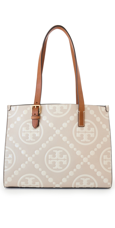 Tory Burch T Monogram Contrast Embossed Small Tote In Neutrals