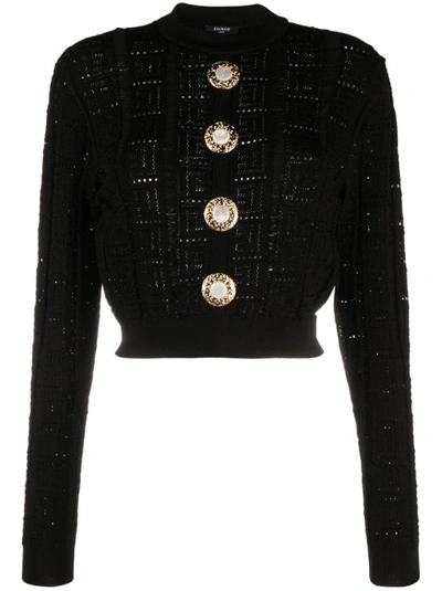 Balmain Black Jacquard Sweater In 0pa Noir
