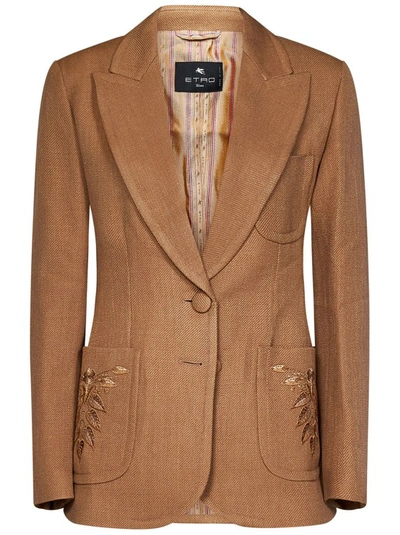 Etro Single Breasted Embroidered Detailed Blazer In Brown