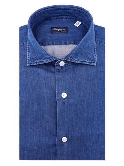 Finamore 1925 Napoli Hand Sewn Cotton Shirt With Denim Effect In Blue