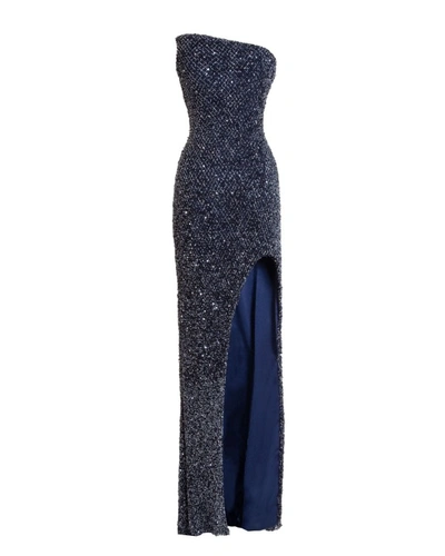 Gemy Maalouf Strapless Beaded Navy Dress - Long Dresses In Blue
