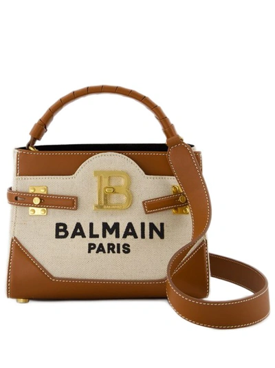 Balmain Bbuzz 22 Canvas & Leather Top Handle Bag In Beige