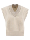 Brunello Cucinelli Ribbed Cashmere Waistcoat With Dazzling Neckline In Neutrals