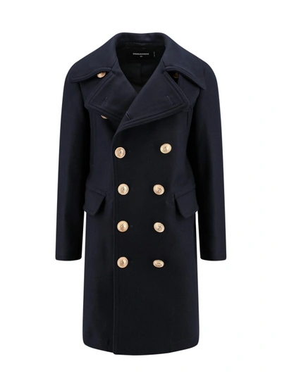 Dsquared2 Wool Coat With Logoed Buttons In Black