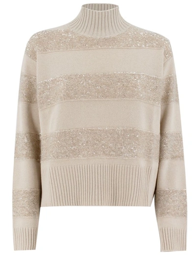 Brunello Cucinelli Sequin-embellished Stripe Wool-cashmere Sweater In Sand