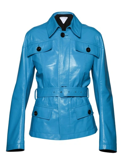 Bottega Veneta Belted Glossed-leather Jacket In Blue